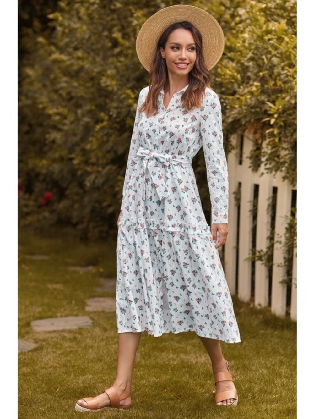 Ivy City Co Floral Midi Shirt Dress Tiered Long Sleeve Cottagecore Size Medium